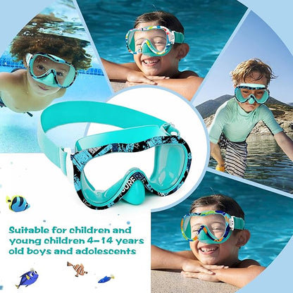 Kids Swim Goggles with Nose Cover, 180° Panoramic Snorkel Mask with Anti-Fog & Anti-Leak Design, Comfort Fabric Strap UV Protection Lens for Boys Girls Ages 3-15