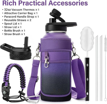 Insulated Water Bottle | Thickened Stainless Steel Vacuum Metal | Portable Sports Water Jug for Gym and Hiking with Straw, Carrier Bag, Handle Strap | BPA-Free 32 oz