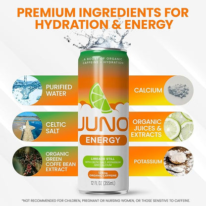 JUNO ENERGY Limeade Still Drink - Sugar Free Electrolytes 125mg Organic Caffeine from Green Coffee Beans, Hydrating with Monk Fruit Sweetener, Organic Lime Juice - Vegan, Gluten Free, 12 Pack
