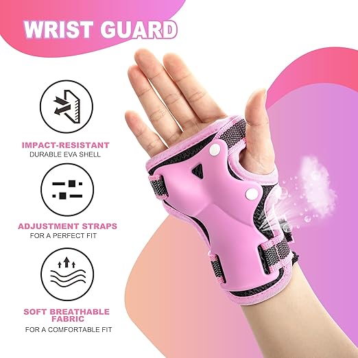 2PM SPORTS Knee Pads for Kids, Wrist Guards Knee and Elbow Pads Set with Drawstring Bag, Protective Gear Set for Girls Boys Roller Skating Cycling Skateboard - Pink Small