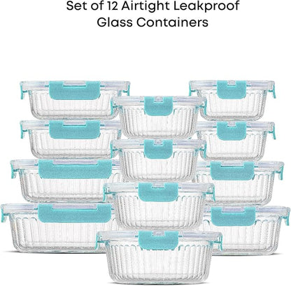 JoyJolt 24pc Borosilicate Glass Storage Containers with Lids | 12 Airtight/Freezer Safe Food Storage Containers for Pantry and Kitchen | Meal Prep Container for Lunch | Glass Tupperware Set