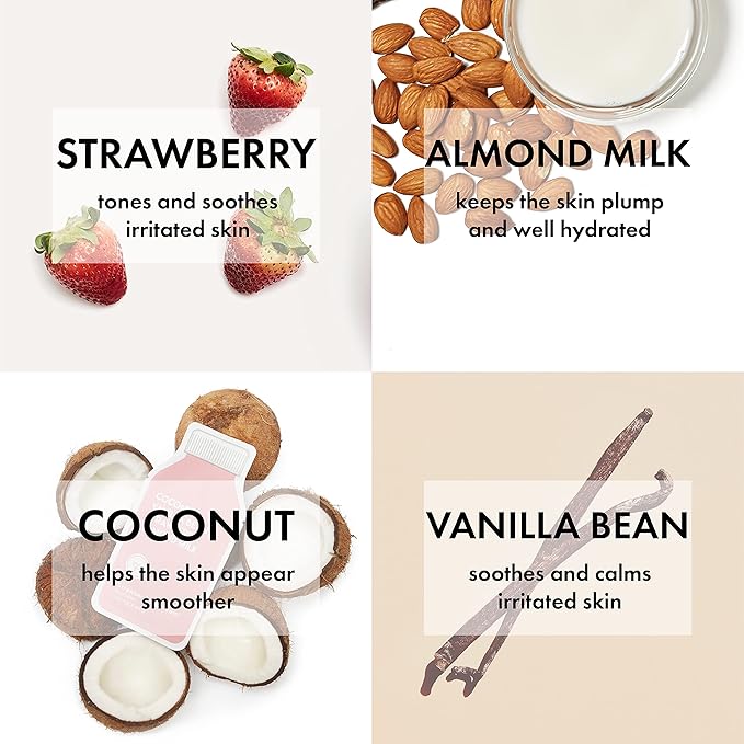 ESW Beauty Strawberries & Cream - Soothing Raw Juice Face Mask (6-Pack) - Calming with Coconut, Vanilla Bean, Almond Milk & Strawberry for Sensitive Skin - Reduces Redness & Nourishes