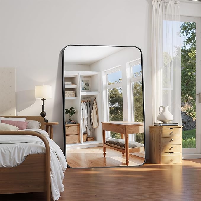 FORBATH Large Bathroom Mirror 60" x 40", Black Rectangle Metal Framed Rounded Corner Wide Wall Mounted Mirror for Bathroom Bedroom Entryway Decor(Horizontal/Vertical)