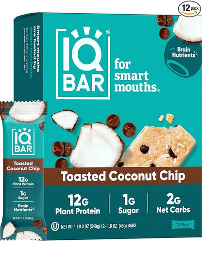 IQBAR Brain and Body Plant Protein Bars - Toasted Coconut Chip - 12-Count Low Carb - Gluten Free, High Fiber, Vegan Snacks - Low Sugar Meal Replacement