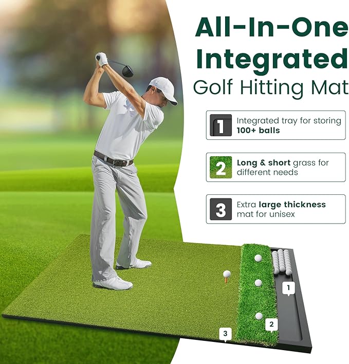 Golf Hitting Mat with Ball Tray 5x4ft - 6x4ft Dual-Turf Practice Mat for Indoor & Outdoor Use Golf Training Mat with Rubber Tee Holes, Suitable for Swing Driving & Chipping