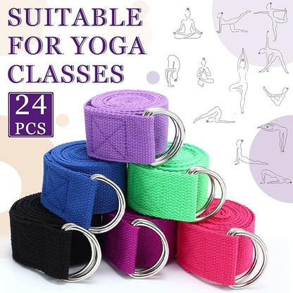 Leyndo 24 Pieces Yoga Strap Stretching Pilates Exercise Adjustable Straps 6 ft Non Elastic Yoga Belt with Adjustable D Ring Buckle for Pilates Gym Workouts Fitness