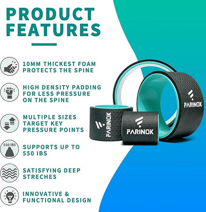 Yoga Wheel Set of 3+1, Upgraded 10MM Thick Back Wheels for Pain Relief & Stretching, Strongest Back Roller for Deep Tissue Massage, Improving Yoga Poses Backbend