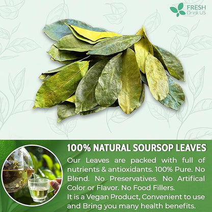 FreshDrinkUS, Premium 275+ Soursop Graviola Whole Dried Leaves Tea, 275-300 Soursop Graviola Guanabana Whole Leaves, Wildcrafted, Hoja Guanabana Loose Leaf Herbal Tea, No Gluten, Vegan