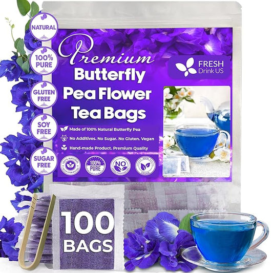 FreshDrinkUS, 100 Premium Butterfly Pea Flower Tea Bags – 100% Pure & Natural | Caffeine-Free Herbal Blue Tea | No Additives, Non-GMO, Made With Natural Material Tea Bag, No Sugar, No Caffeine, No Gluten, Vegan