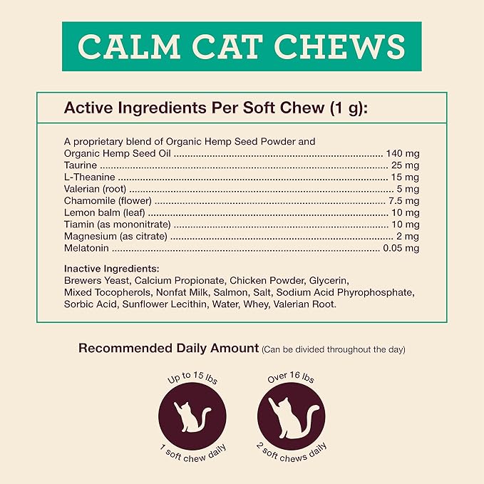 Hemp Well Calm Cat Soft Chews - Anxiety & Stress Relief Formula, Organic Ingredients, Soothes & Relaxes, Improves Behavior, 60 Count