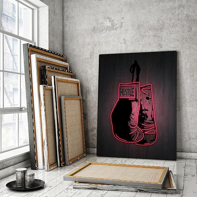 Boxing Gloves Neon Canvas Print Motivational Canvas Print Wall Art Office Decor, Entrepreneur Motivation, Hustle Artwork, Boxing Neon Print, Fighter Gym Sign, Hustler Art Neon Sign (24" x 18")