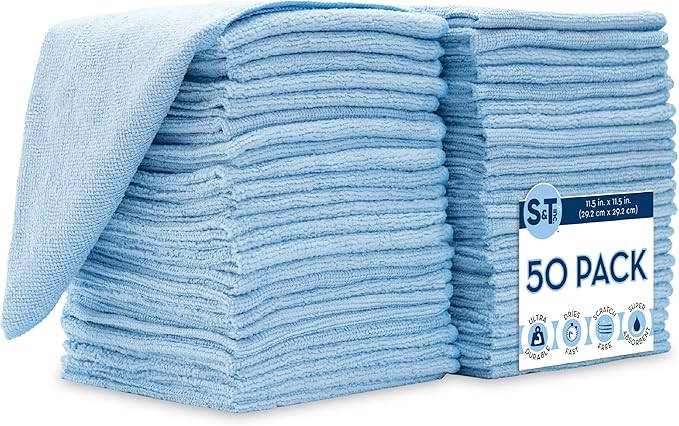 S&T INC. 50 Pack Microfiber Cleaning Cloth, Bulk Towels for Home, Reusable Microfiber Towels for Cars, Cleaning Rags, Light Blue, 11.5 Inches x 11.5 Inches, 50 Count