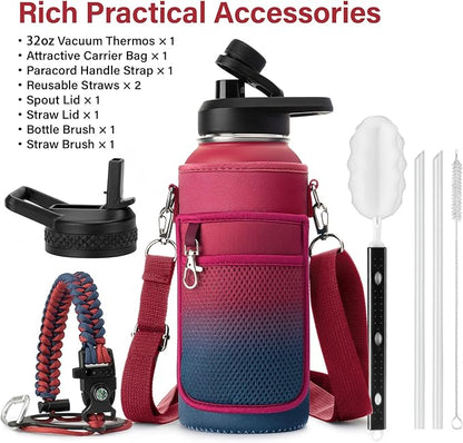 Insulated Water Bottle | Thickened Stainless Steel Vacuum Metal | Portable Sports Water Jug for Gym and Hiking with Straw, Carrier Bag, Handle Strap | BPA-Free 32 oz
