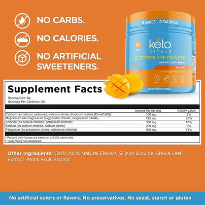 Keto Vitals Electrolytes Powder | Keto-Friendly Electrolytes with Potassium, Magnesium, Sodium, Calcium | Keto Electrolytes Supplement Energy Drink Mix | Sugar-Free, Zero Calories, Zero Carbs