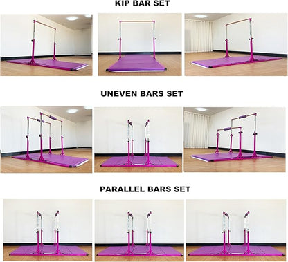 Gymnastics Double Horizontal Bars 3Play Parallel Bars Uneven Bars Gymnastics Training Kip Bar with 304 Stainless Steel Regulating Arms & Fiberglass Rail for Indoor Outdoor Home Club Use