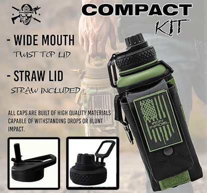 Iron Infidel Battle Bottle - 32 Oz Insulated Water Bottle with Straw Lid & Chug Cap, Stainless Steel Metal Flask Includes Rugged, Removable Sleeve for Keys, Wallet, & Phone (Widowmaker 1 Liter)