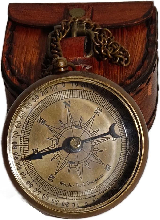 2 Inch Brass Compass With Chain Leather Case