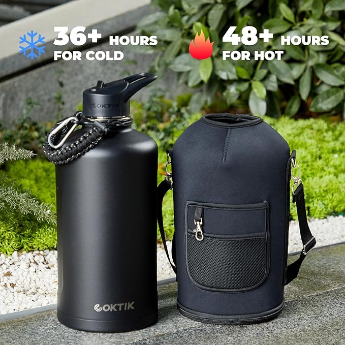2 Pack 128 oz Insulated Water Bottle, Triple Wall Stainless Steel Flask, Keeps Drinks Cold for 48 Hrs Leak-Proof & BPA-Free Half Gallon Jug with Paracord Handle, Straw & Spout Lids(2 pack,Black)