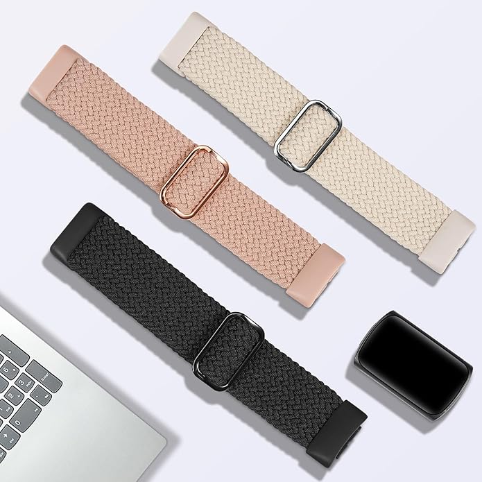 Braided Solo Loop Bands Compatible with Fitbit Charge 6/Charge 5, 3 Pack Adjustable Stretchy Wristbands Soft Woven Nylon Replacement for Fitbit Charge 5/Charge 6 Tracker Smart Watch for Women Men