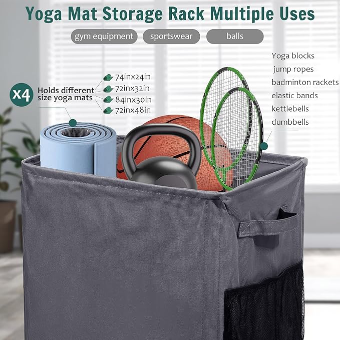 Yoga Mat Storage Racks, Home Gym Storage Rack with Wheels, Yoga Mat Holder Side 2 Mesh Pockets, Yoga Storage Basket Holds 4 Yoga Mats, 2 Foam Rollers, 6 Resistance Bands