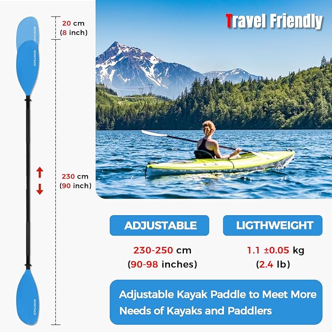 Kayak Paddles with Alloy Shaft and PP Blade, Floating Kayaking Oars, Adjustable 230-250 cm/90-98 Inches, 210-230 cm/82-90 Inches