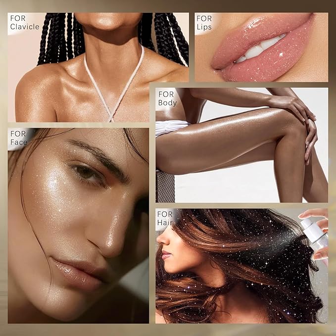 Body Glitter Spray, Moisturizing Bronze Body Shimmer Luminizer Glow Illuminator Quick-Drying and Non-Sticky Liquid Highlighter Spray for Face Hair Glitter, 60ML -Silver