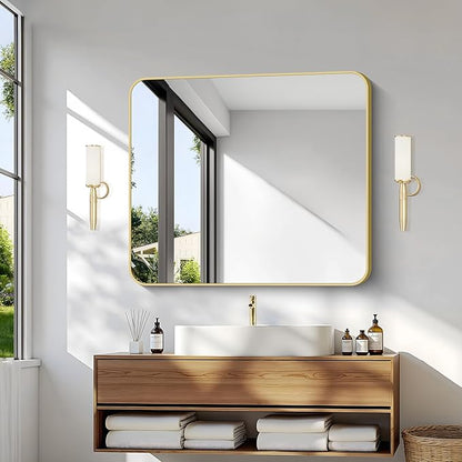 Gold Bathroom Mirror,30x36 inch Wall Mirror for Bathroom Wall Mounted,Round Rectangle Mirror for Bathroom Over Sink,Modern Frame for Home Decor Living Room,Bedroom Entryway,Horizontal/Vertical