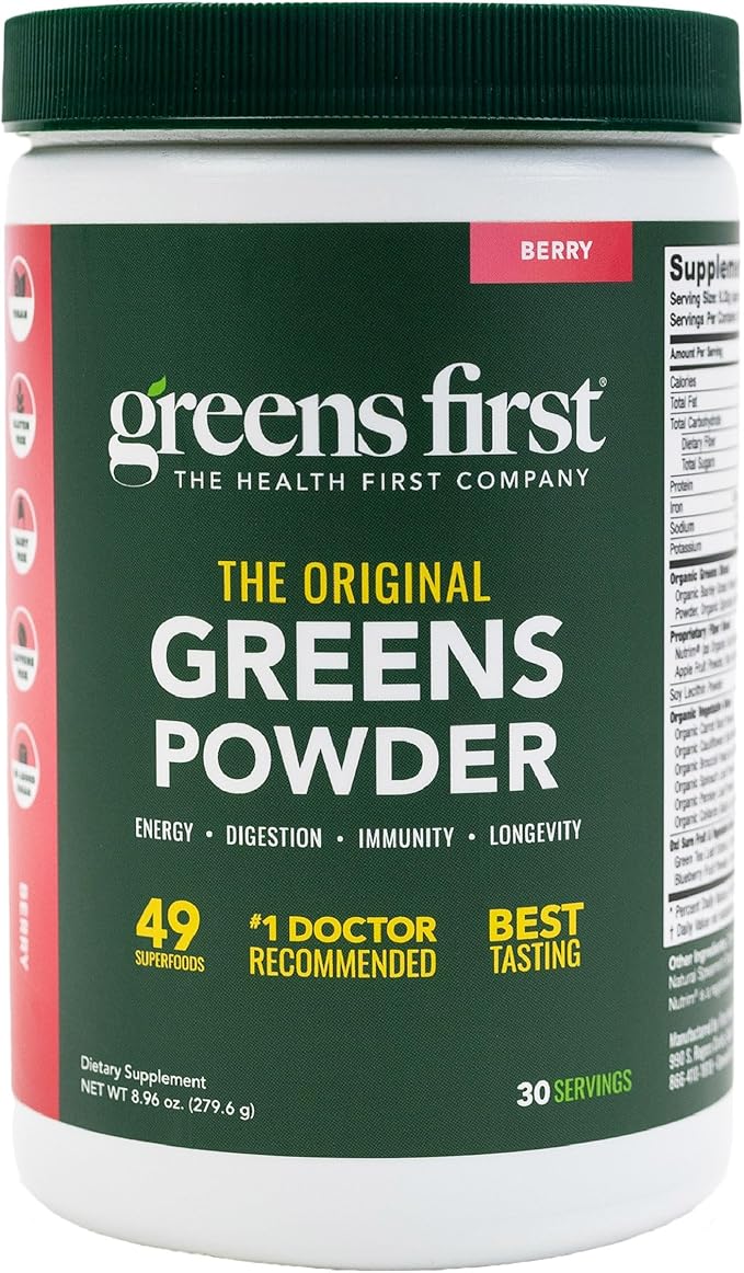 Greens First Original Greens Powder - 49 Superfoods - Organic Fruits & Veggies - Prebiotics, Probiotics & Digestive Enzymes - Antioxidant Smoothie - Dairy Free, Vegan & Non-GMO (Berry, 30 Servings)