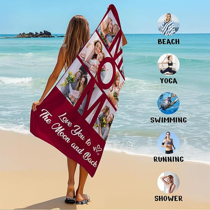 JML Mothers Day Birthday Gifts for Mom from Daughter Son, Personalized Beach Towel with Photo, Custom Beach Towel Gift for Mommy, Grandma, Women, Wife Anniversary Family Day, Summer, Holiday