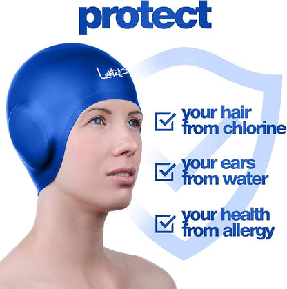 3D Swim Caps - Ear Protection Swimming Cap for Women & Men - Silicone, Waterproof - Fits Long & Short Hair - Adult & Youth