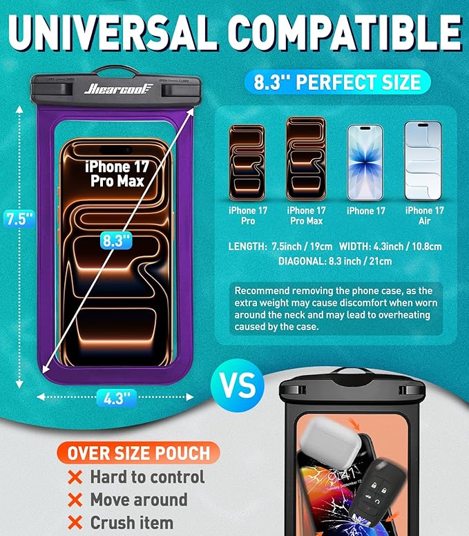 Hiearcool Universal Waterproof Phone Pouch, Dry Bag Compatible for iPhone 17 16 15 14 13 Pro Max XS Plus Samsung Galaxy S22 Cellphone Up to 8.3", IPX8 Water Proof Cell Phone Case for Beach-2Pack