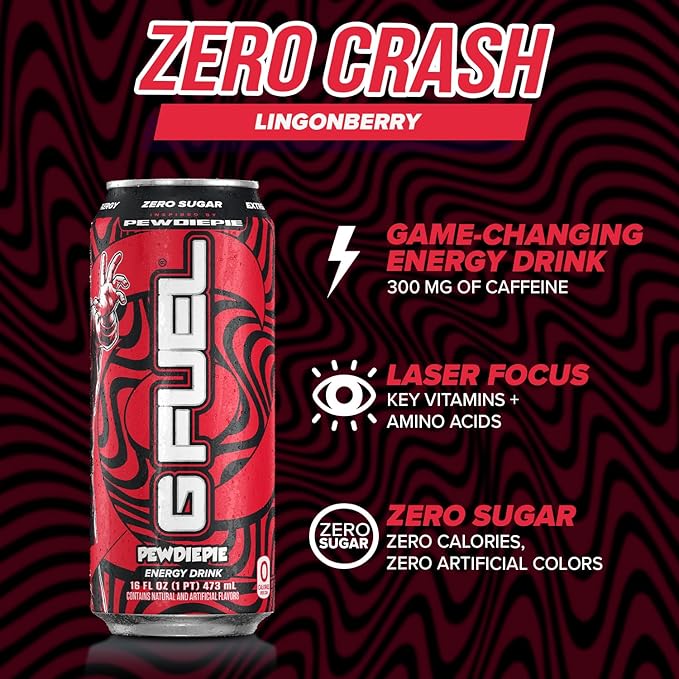 G Fuel Energy Drink, Lingonberry, Sugar Free Beverage with 300mg Caffeine, Daily Energy Boost with Focus Amino, Vitamin + Antioxidants, 16 oz Cans (PewDiePie, 12-Pack)