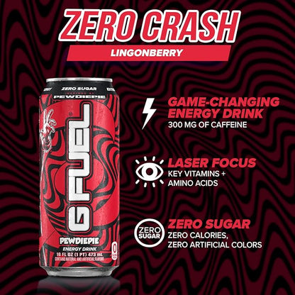 G Fuel Energy Drink, Lingonberry, Sugar Free Beverage with 300mg Caffeine, Daily Energy Boost with Focus Amino, Vitamin + Antioxidants, 16 oz Cans (PewDiePie, 12-Pack)