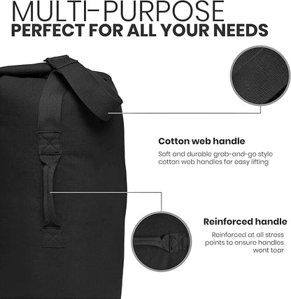WHITEDUCK Top Load Canvas Folding Duffel Bag, Water Resistant Army Style Shoulder Bag for Men and Women- Gym, Sports, Travel, Hiking, Camping, Backpacking (Large 25" x 42",Black)