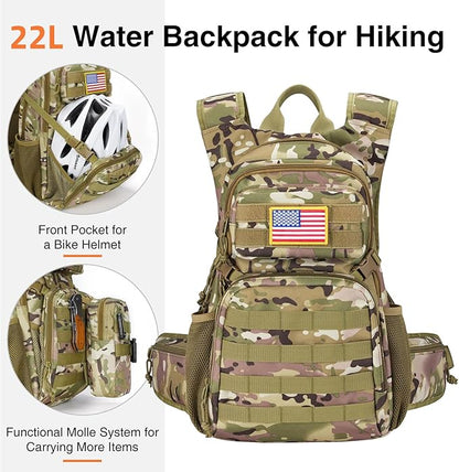 22L Tactical Hydration Backpack with 3L Water Bladder, Lightweight Molle Water Bag for Men Women, Hiking Hydration Pack for Cycling Running Biking Hunting, Daypack with Waist Pocket, Camo