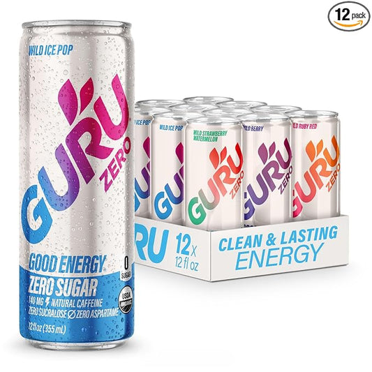 GURU ZERO SUGAR Organic Energy Drinks Variety Pack, Clean Energy Drink with Plant Based Natural Caffeine from Green Tea, Coconut Water, Prebiotic, Zero Added sugars, Gluten Free and Vegan, Pre Workout, Healthy Drinks, 12oz (Pack of 12)