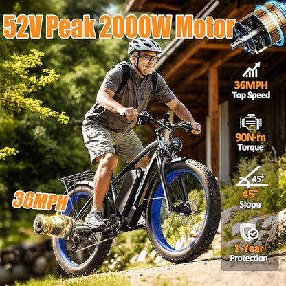 Ebike for Adults Electric, 52V 19.2Ah/32Ah, Peak 2000W/2500W E-Bike, 36/40MPH, 70 Miles/100Miles Long Range, Hydraulic Disc Brake, Off Road Snow Mountain E-Bike, 24"/26" Fat Tire Fast Electric Bicycle
