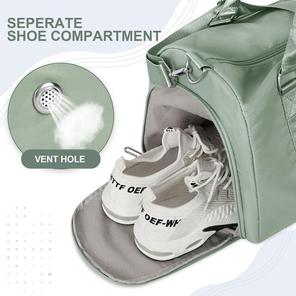 FIORETTO Womens Gym Tote Duffle Bag with Toiletry Bag, Sports Duffel Overnight Hospital Workout Carry on for Girls with Wet Pocket & Shoe Compartment, Ideal for Travel, Swimming, Celadon