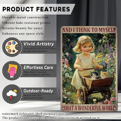 Garden Girl Metal Tin Sign Wall Art Rustic Vintage Outdoor Decor And I Think To Myself What A Wonderful World Quote 12 * 8inch