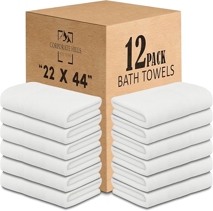CH White Bath Towels Bulk - 22 x 44 Inches, 100% Cotton Economy Light Weight Towels for Commercial Use - Quick Dry, Ultra-Soft, and Absorbent Bulk Towels (12 Pack)