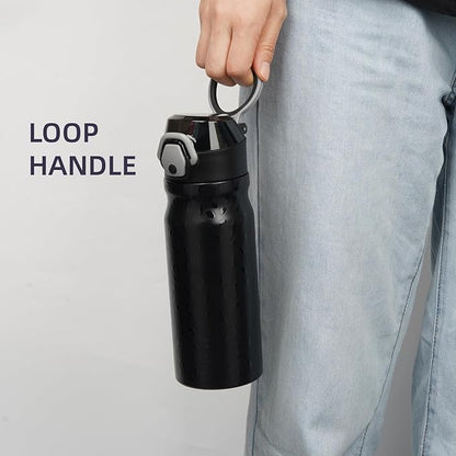 Insulated Water Bottle with Straw and Carry Loop,18 oz Stainless Steel Double Wall Vaccum Metal Water Flask with Leak-proof Lid,Black Leopard