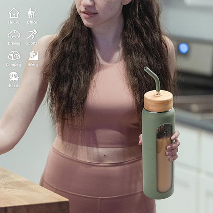 Kodrine Water Bottle with Straw, 24 oz Glass water Bottle with 2 Lids Bamboo Straw Lid and Spout Lid with Handle, 32 oz Clear Water Bottle Glass for Sports Travel, Waterbottle with Time Marker