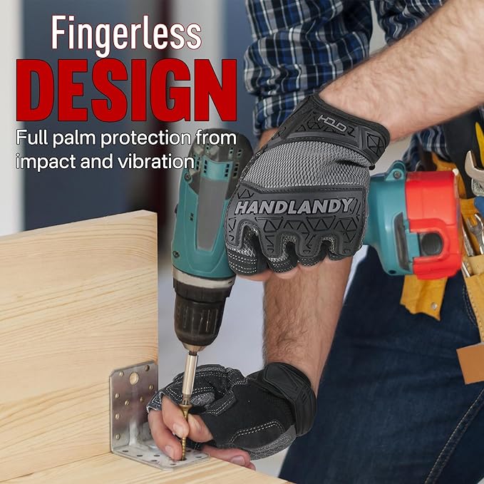 HANDLANDY Fingerless Work Gloves for Men, Padded Half Finger Tactical Mechanics Gloves, Utility Trucker Driver Gloves (Grey, Large (Pack of 1))