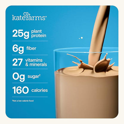 KATE FARMS Organic High Protein Chocolate Nutrition Shake, 25g Protein, 6g Fiber, 27 Vitamins and Minerals, 0g Sugar, Protein Drink, 11 oz (6 Pack)