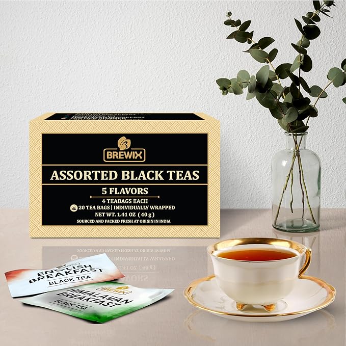 BREWIX Premium Assorted Black Tea Sampler Gift Box with 5 Flavors (20 Pyramid Indivdidually Wrapperd Tea Bags) | Tea Gift Set & Variety Pack | Gifts for Women & Men, Tea Set