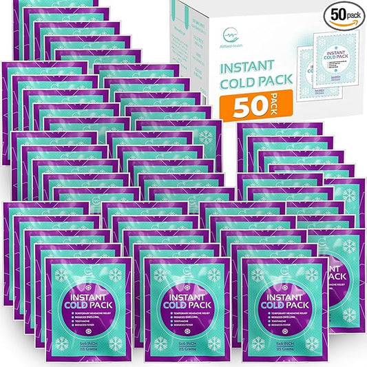 Instant Ice Cold Pack (6” x 5”) - 50 Packs Disposable Instant Ice Packs for Injuries | Cold Compress Ice Pack for Pain Relief, Swelling, First Aid, Toothache, & Outdoor Activities -Subscribe & Save