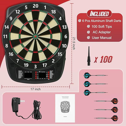Electronic Dart Board, Soft Tip Dartboard Set 40 Games, 427 Variants Digital Electric Dart Boards with Colorful LED, 6 Darts, 100 Tips, Power Adapter