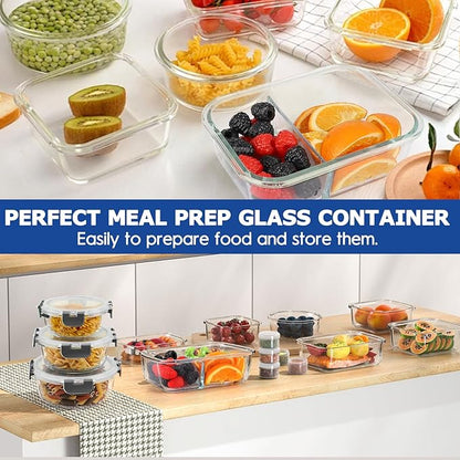 42pcs Glass Food Storage Containers with Lids Set, 21 Containers & 21 Lids Include One 2 Compartments Glass Meal Prep Containers with Snap Locking Lid Set, Leak Proof Lunch Container BPA-Free,Grey