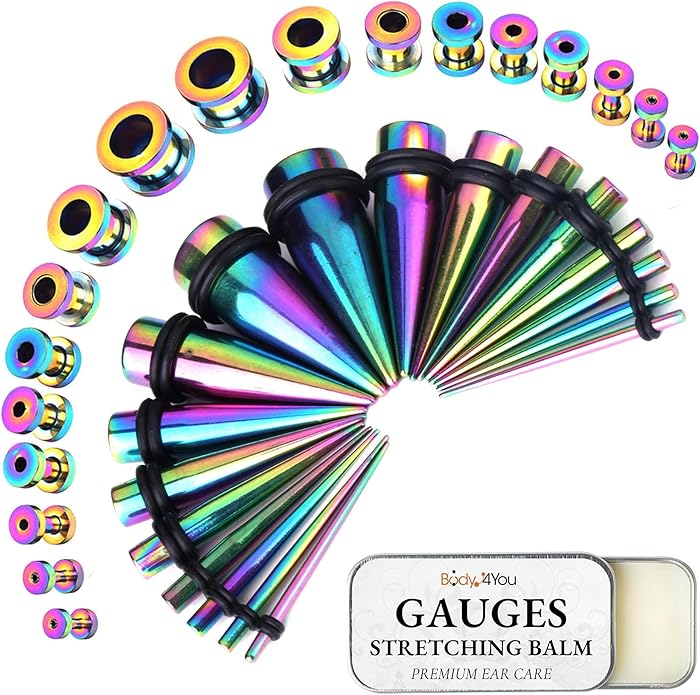 BodyJ4You 37PC Ear Stretching Kit - Beginner Gauges 14G-00G Starter Set - Aftercare Balm Wax - Steel Tapers Single Flare Plugs Screw Fit Tunnels - Women Eyelet Mens Earrings Expander Piercing Jewelry
