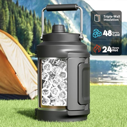 Meoky 1 Gallon Insulated Water Bottle for Travel 128 oz Triple Wall Vacuum Stainless Steel Water Jug - Top and Side Handles, Cold for 48 Hrs, 2-in-1 Straw and Spout Lid, Leak Proof for Work (Silver)